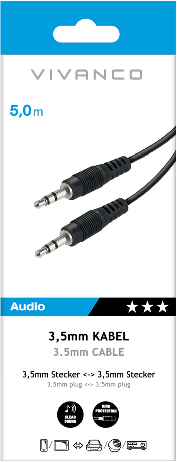 Ein 5m langes 3,5mm Audiokabel mit zwei Steckern, klarer Klang, Knickschutz.