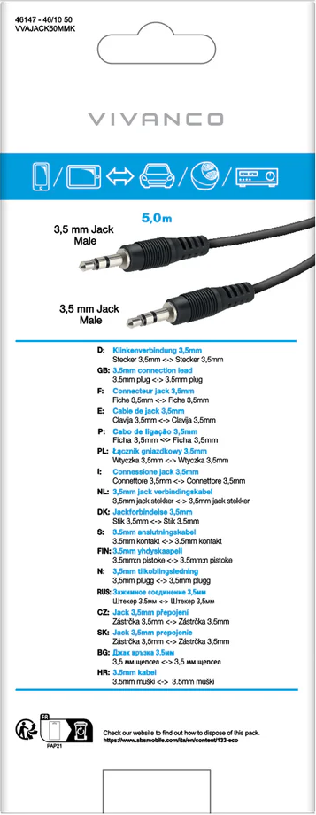 Vivanco 5m 3,5mm Klinkenkabel mit zwei Steckern, für Handy, Tablet, Auto, Musik.