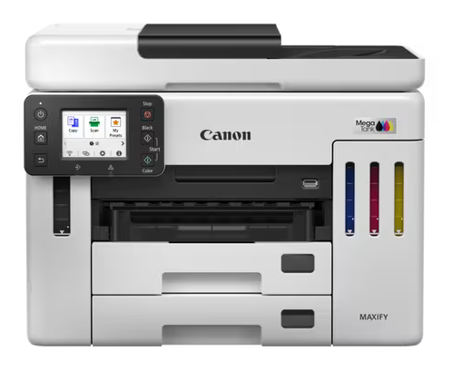 Biała drukarka Canon MAXIFY z widocznymi zbiornikami na tusz i kolorowym ekranem.