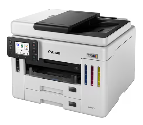 Biała drukarka Canon Maxify z kolorowymi zbiornikami na tusz i ekranem dotykowym.
