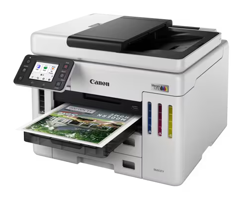 Biała drukarka Canon Mega Tank drukuje obraz domu. Posiada ekran dotykowy.