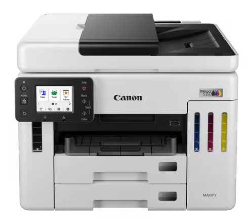 Biała drukarka Canon Maxify z Mega Tank i kolorowym wyświetlaczem.