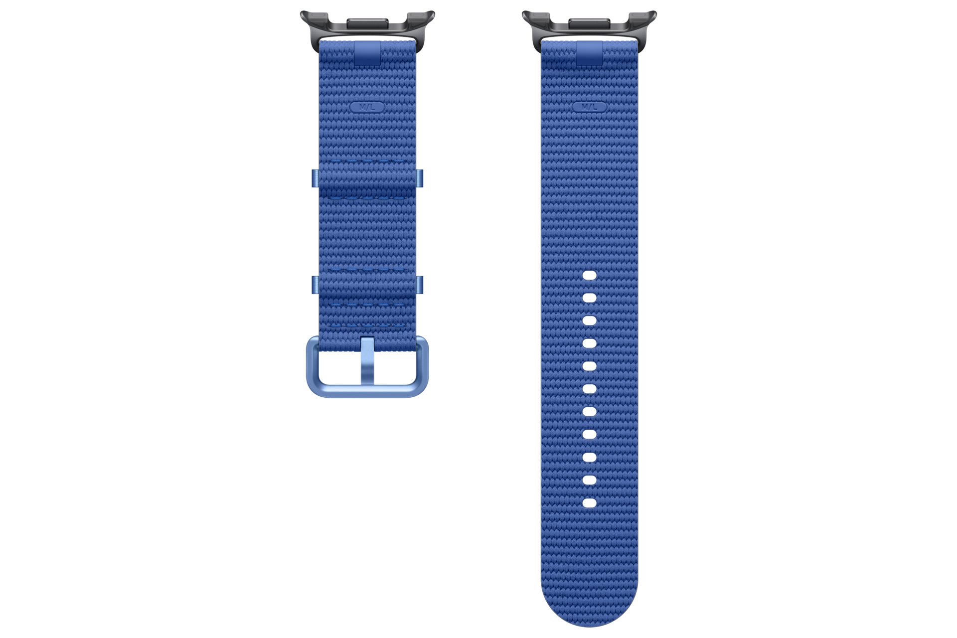Niebieska opaska z tkaniny z metalową klamrą i dziurkami, do smartwatchów.