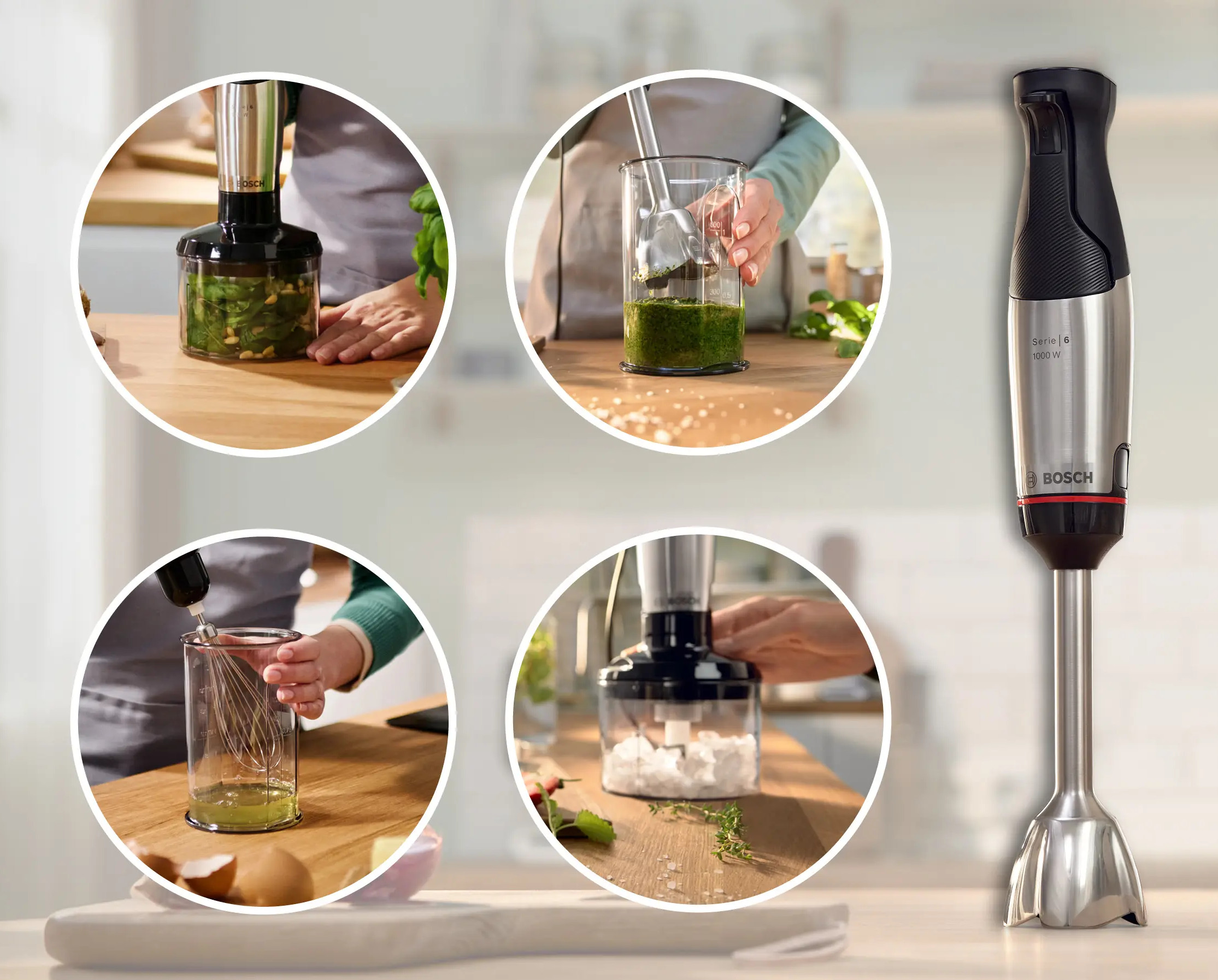 Blender ręczny Bosch w akcji, pokazujący miksowanie, siekanie i ubijanie.
