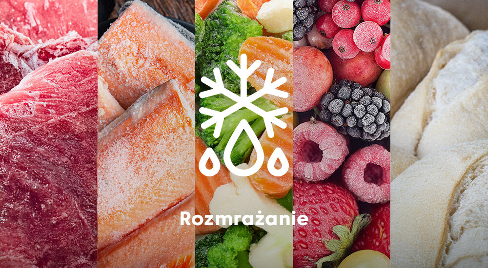 Mrożone mięso, ryby, warzywa, jagody i chleb z symbolem rosy.