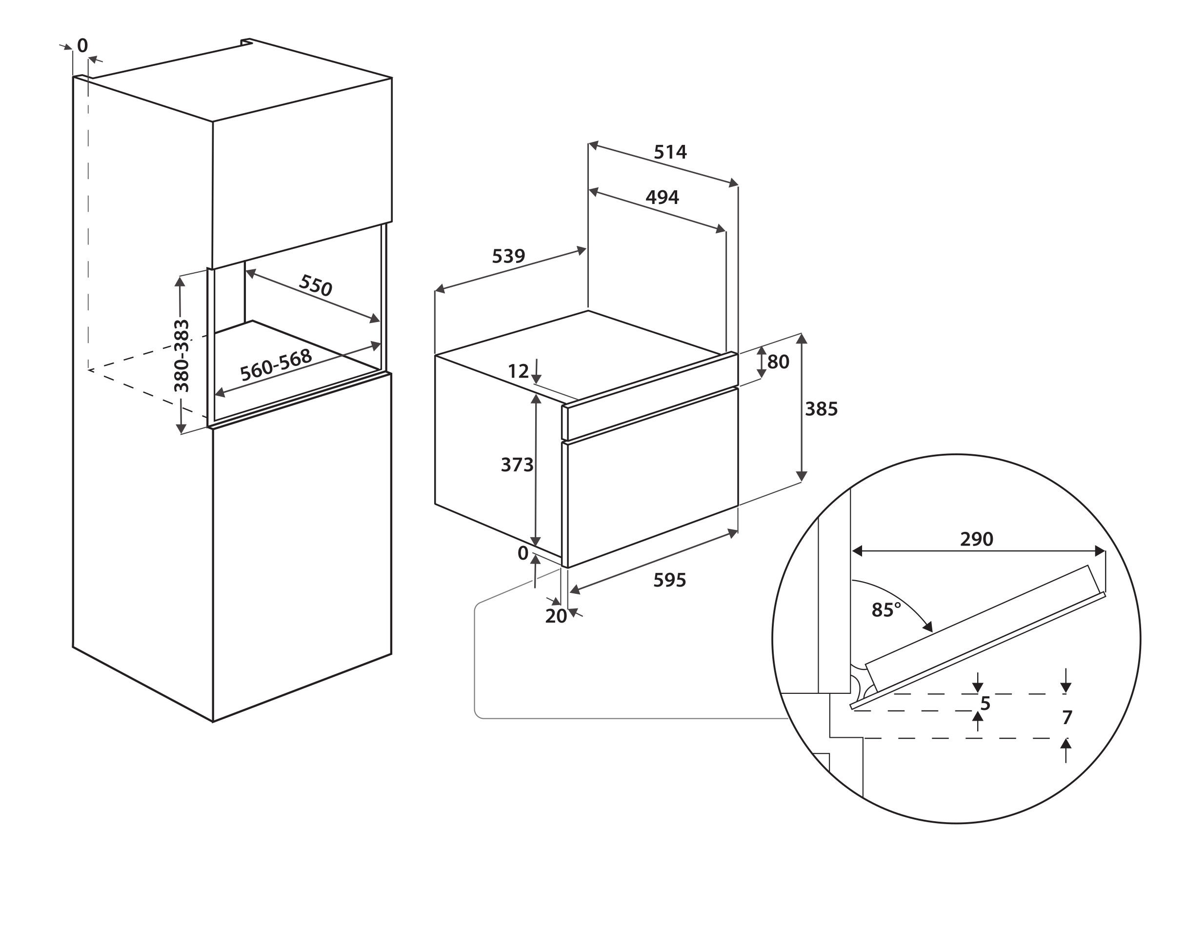 Diagram przedstawiający wymiary urządzenia w mm. Wysokość całkowita 539mm, szerokość 595mm.