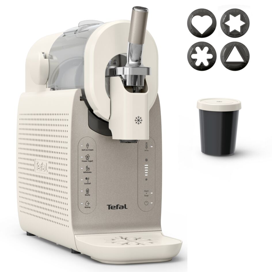 Tefal dondurma makinesi, kap, kap ve dört kurabiye kalıbı.