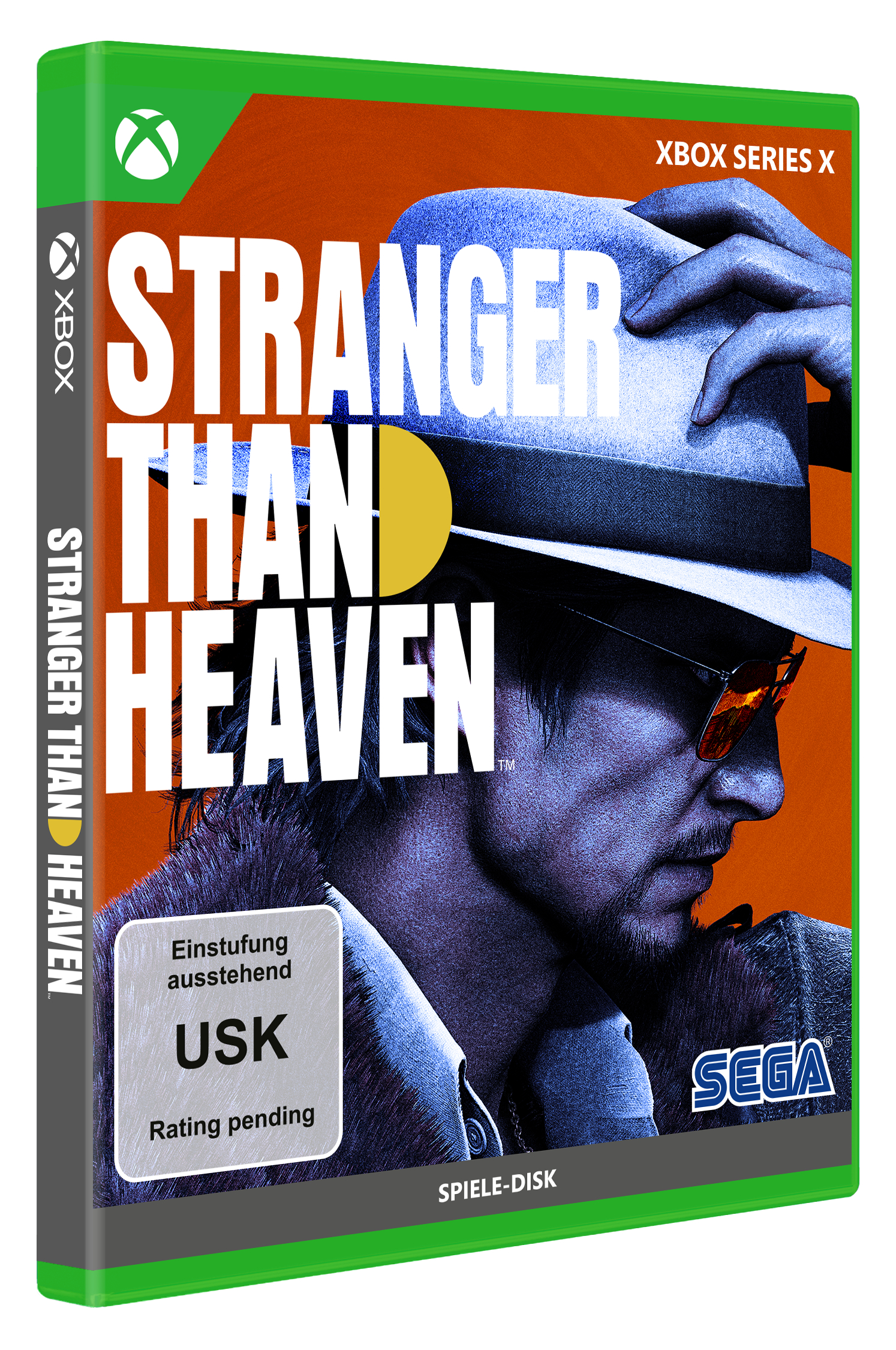 Xbox Series X Spiel "Stranger Than Heaven" mit Mann im Hut und Sonnenbrille.