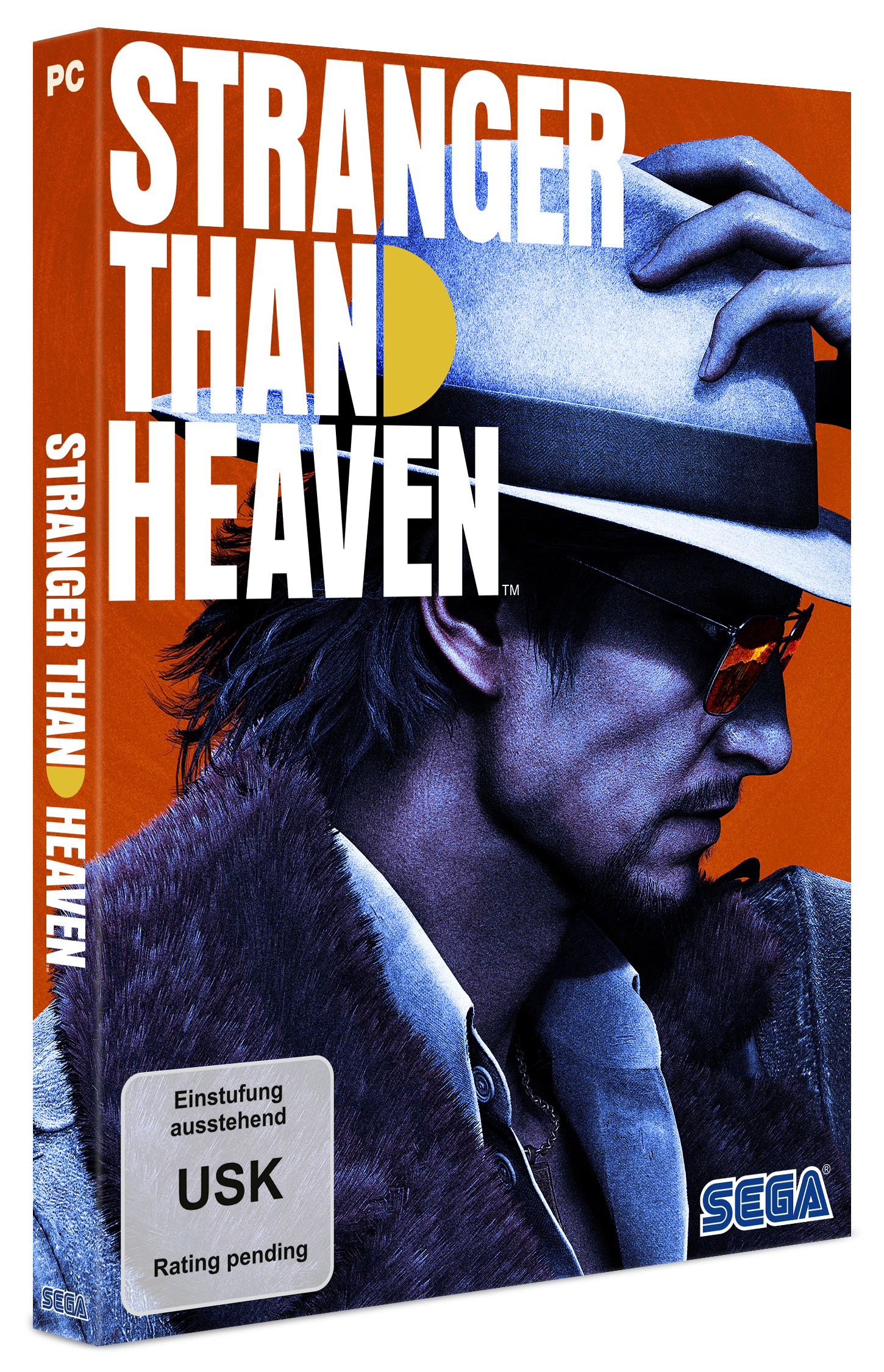 PC Spielbox mit Mann im Hut, Sonnenbrille und Pelzkragen. Titel: Stranger Than Heaven.