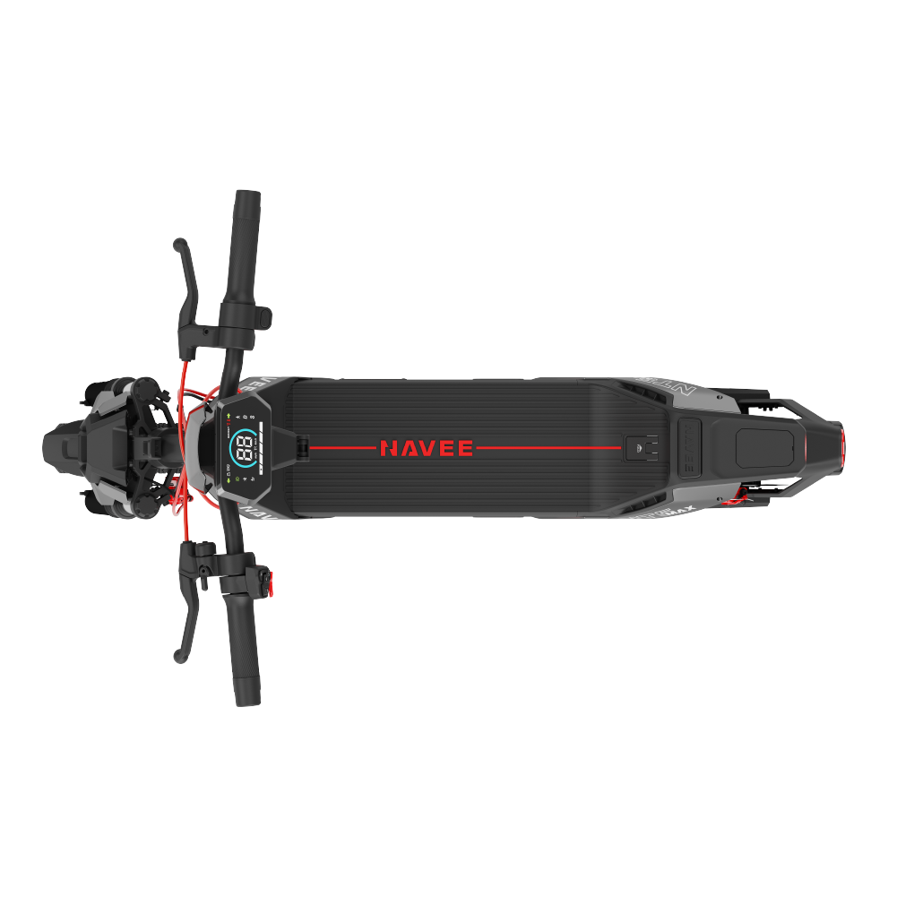 Kırmızı vurgulu, dijital ekranlı siyah elektrikli scooter.