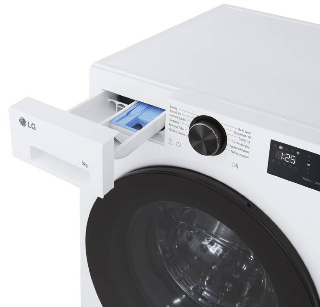 Biała pralka LG z otwartą szufladą na detergent i czarnymi drzwiami.