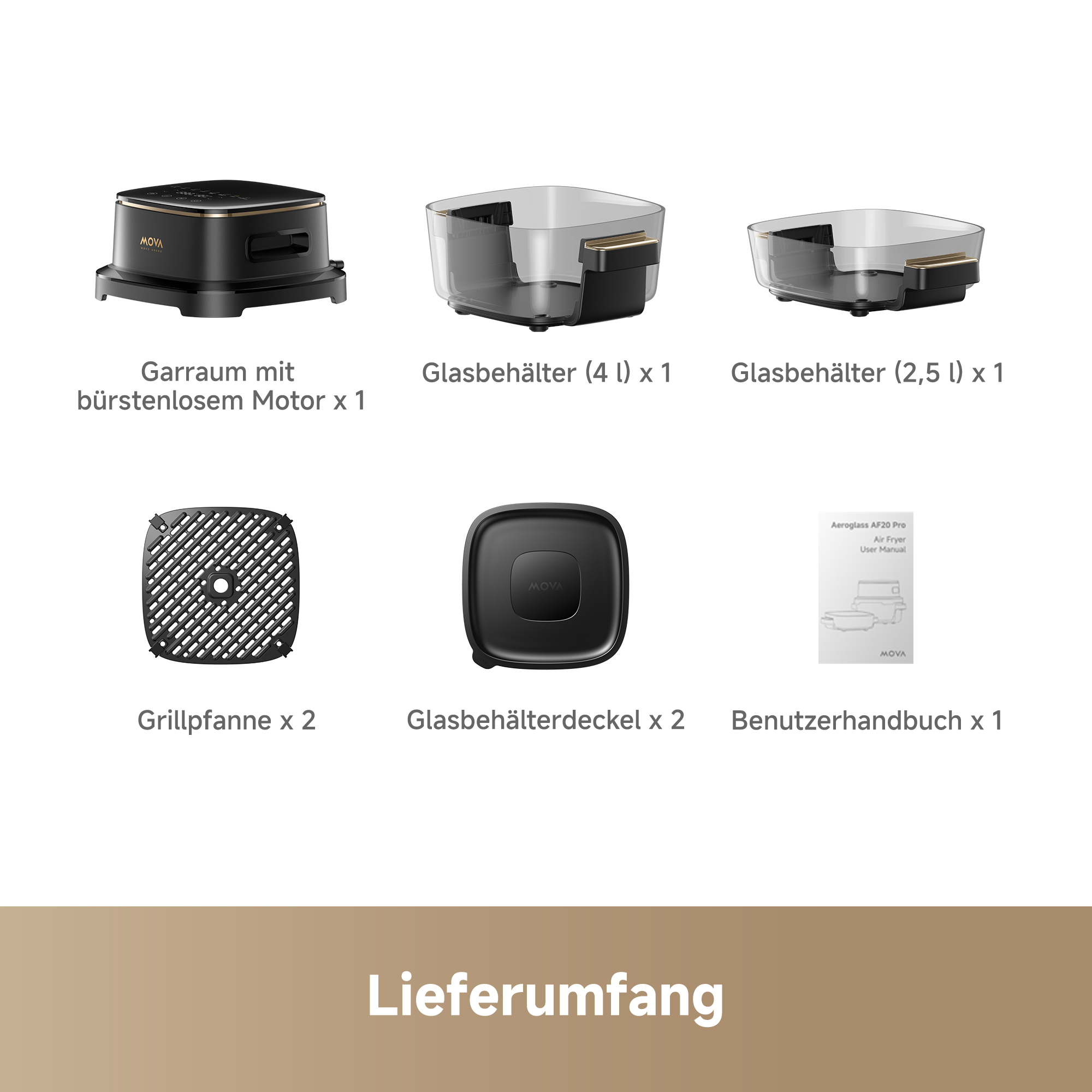 Lieferumfang mit Motor, Glasbehältern, Grillpfanne & Handbuch.