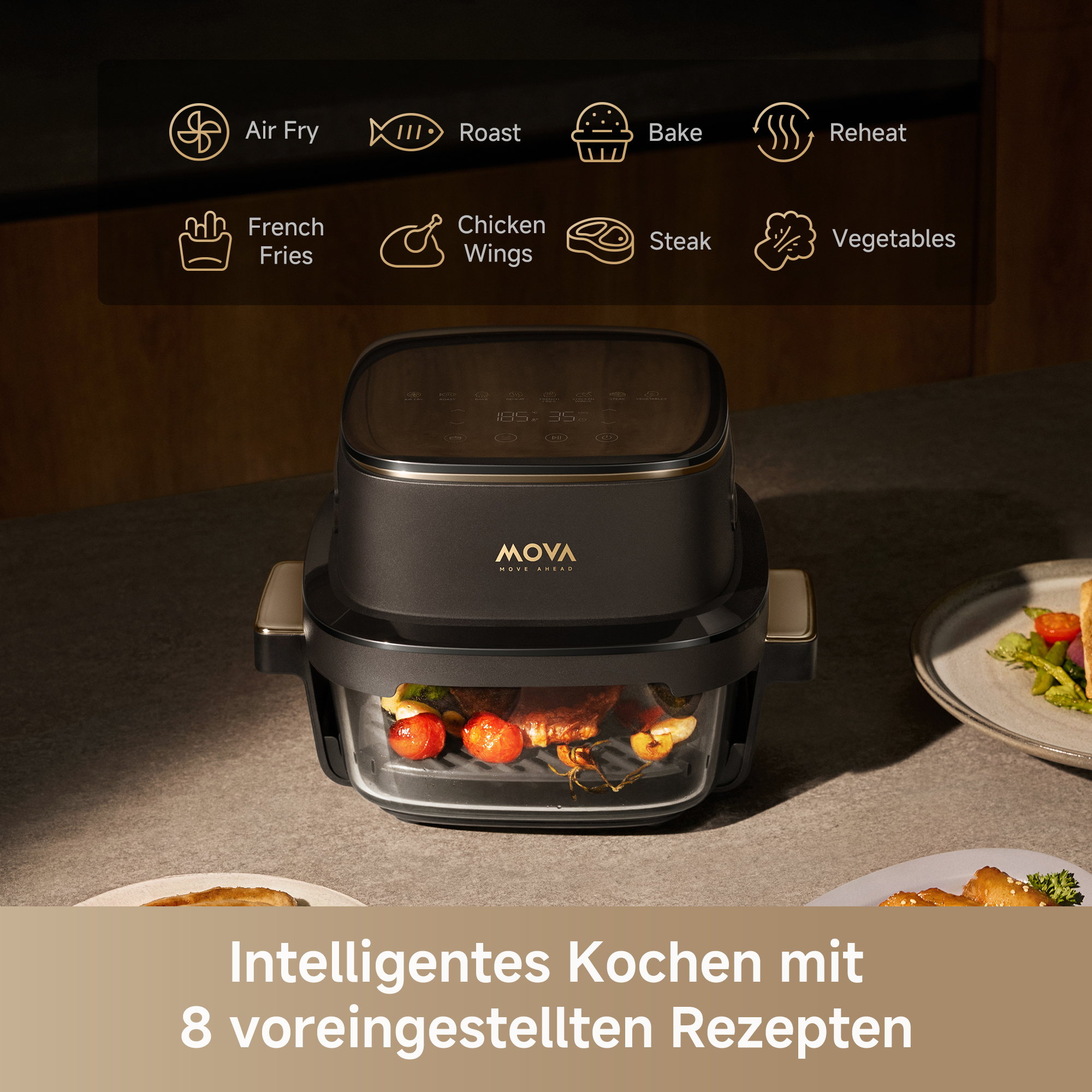 Ein moderner schwarzer Heißluftfritteuse mit Essen darin, mit Kochmodi-Symbolen.