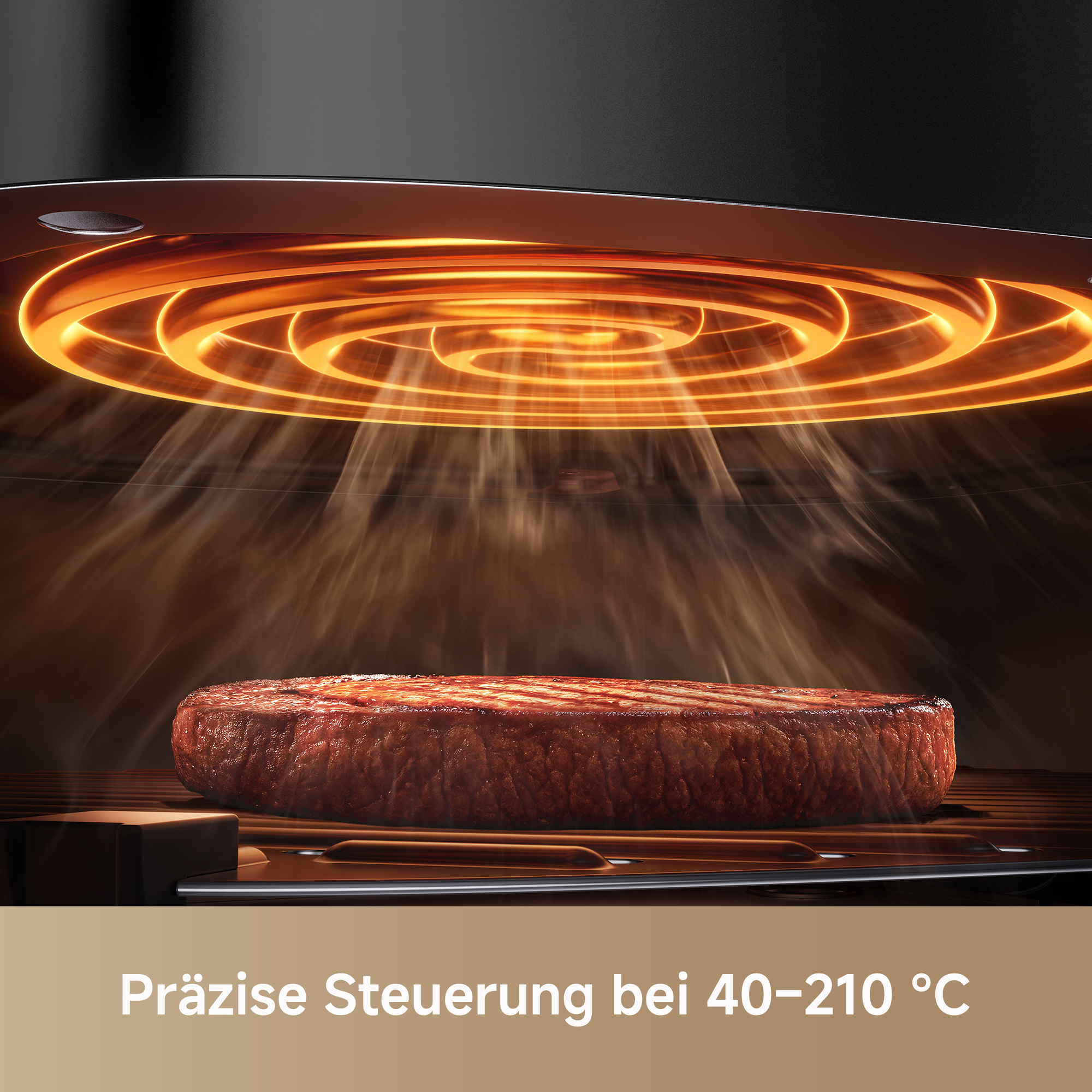 Ein Steak wird in einem Ofen mit glühender Heizspirale gegrillt.