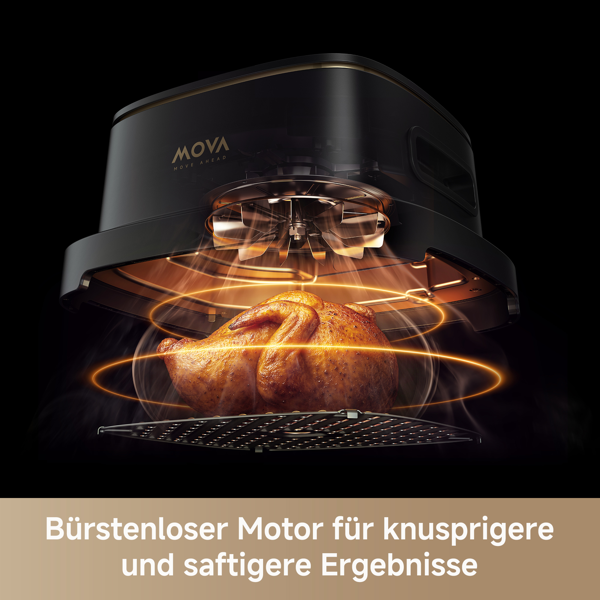 Ein goldbraunes Hähnchen gart in einem schwarzen Airfryer mit wirbelnder Hitze.