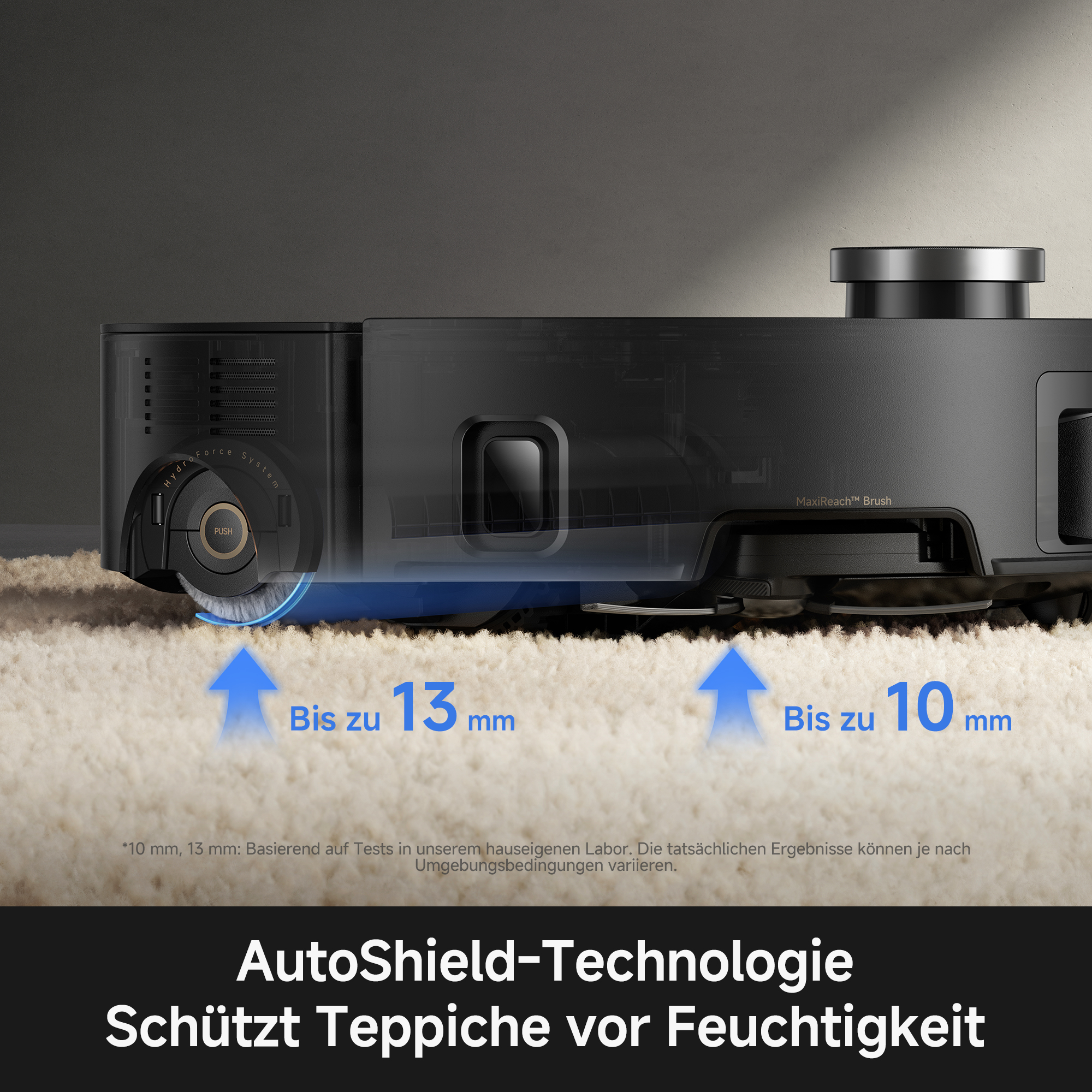 Ein Saugroboter auf einem Teppich, mit Pfeilen, die bis zu 10 mm und 13 mm anzeigen.
