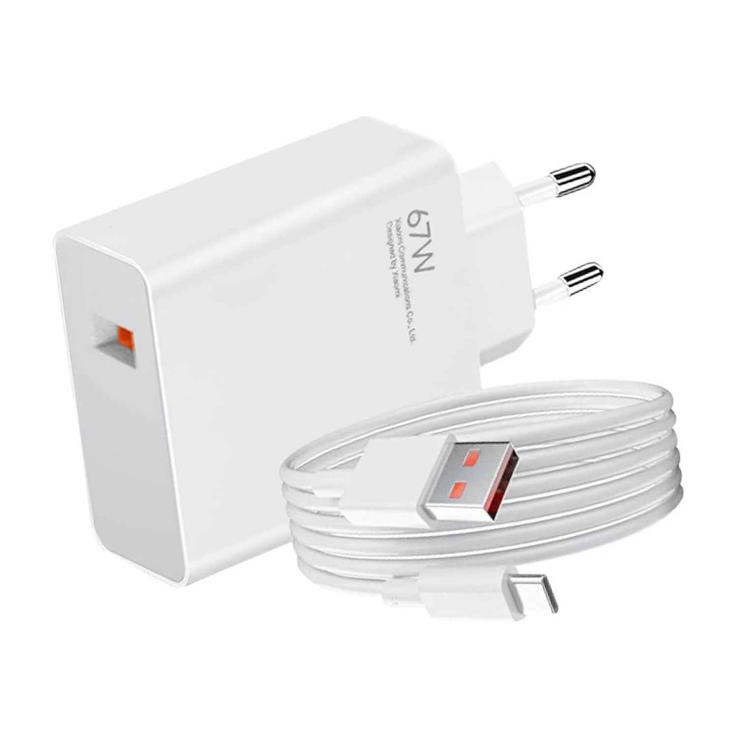 Un caricatore bianco da 67W con cavo USB arrotolato.