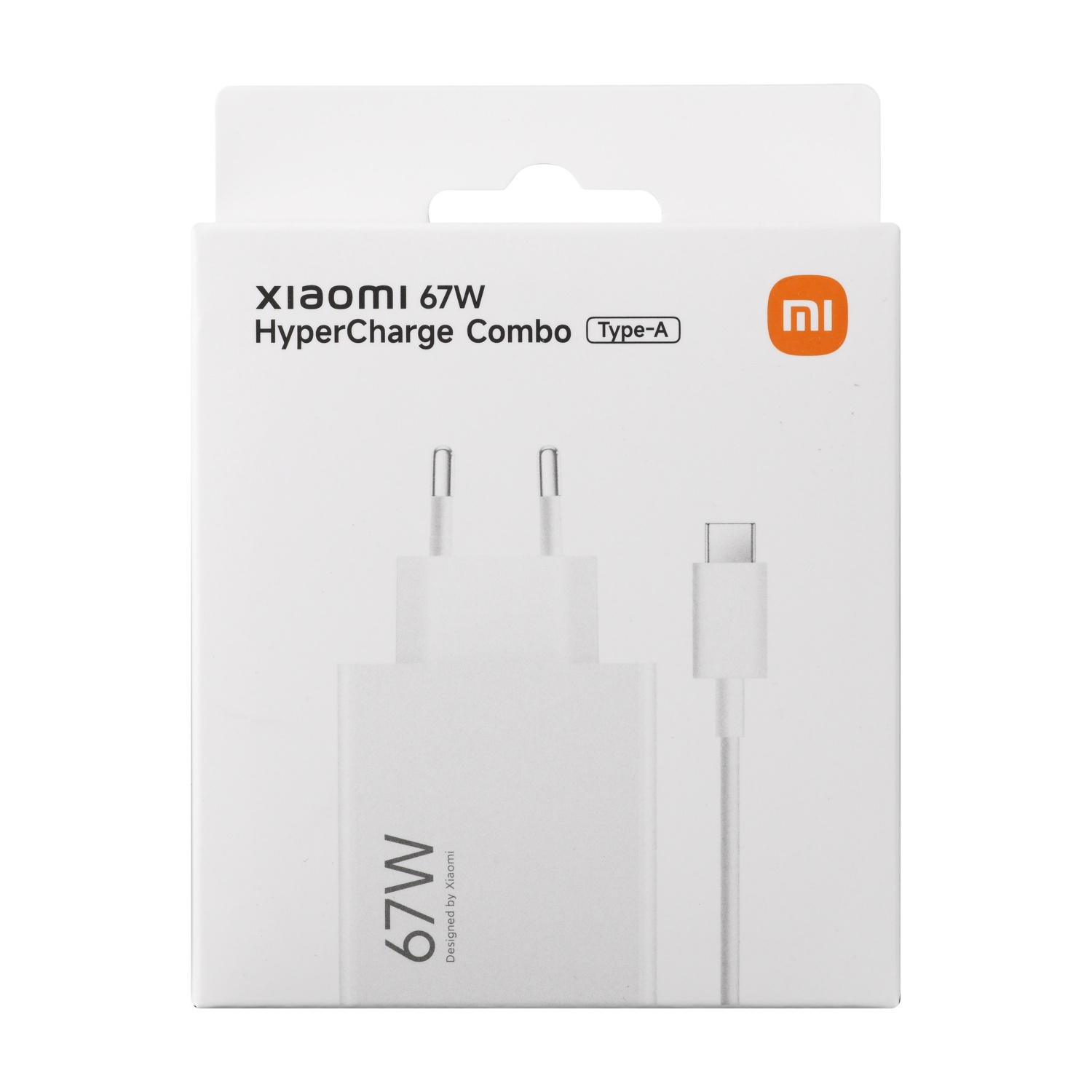 Confezione bianca caricabatterie e cavo Xiaomi 67W HyperCharge Combo con porta Type-A.
