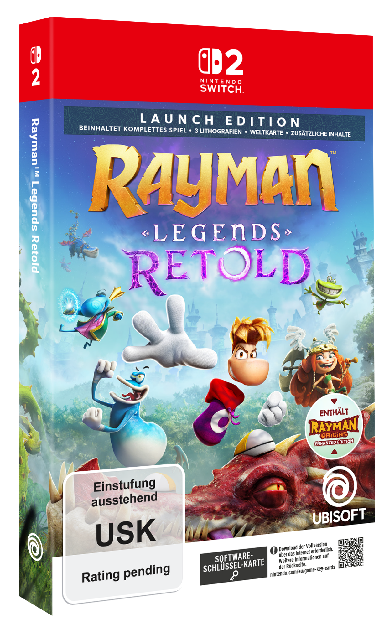 Rayman Legends Retold Nintendo Switch Hülle mit Charakteren und einem roten Drachen.