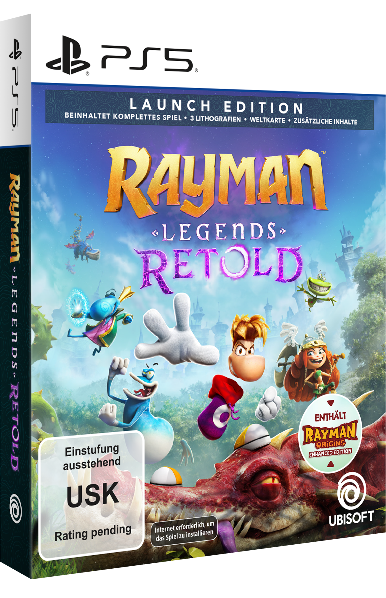 Rayman Legends-Spielhülle für PS5 mit Charakteren und einem roten Drachen.