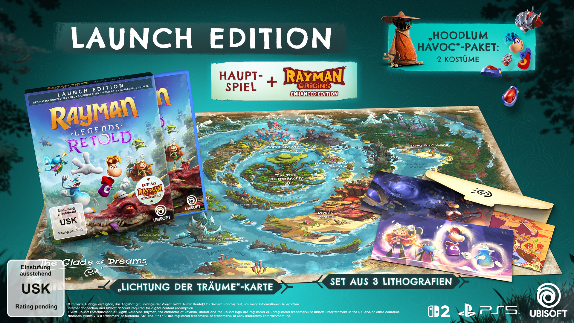 Rayman Launch Edition mit Karte und Lithografien, enthält Rayman Legends: Retold und Origins.