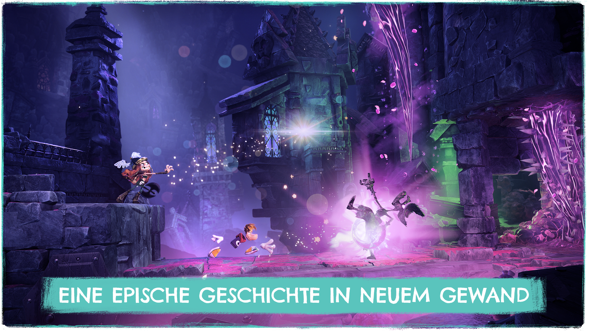 Charaktere in einer dunklen, magischen Welt mit lila Rauch und alten Gebäuden.