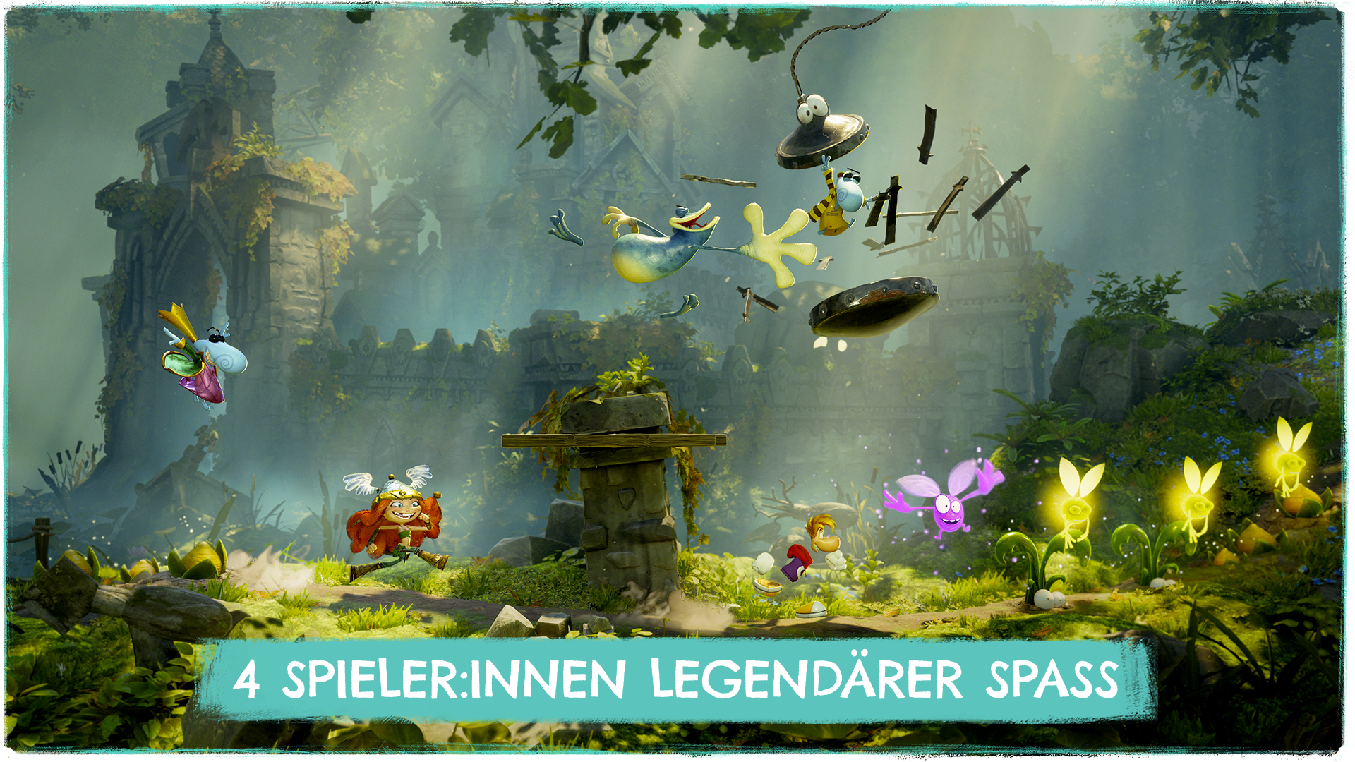 Spielcharaktere fliegen und rennen durch eine mystische Ruinenlandschaft.