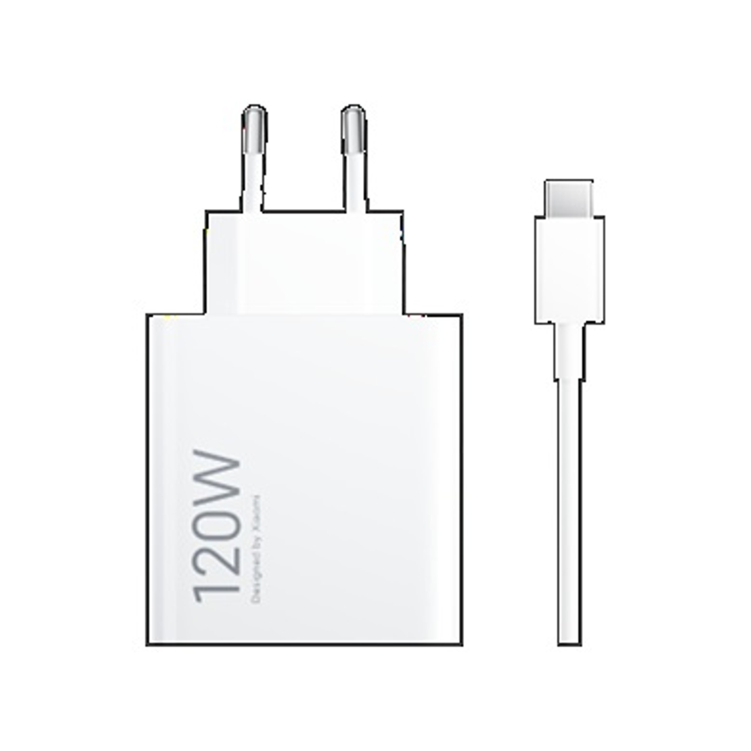 Un alimentatore bianco Xiaomi da 120W con cavo.