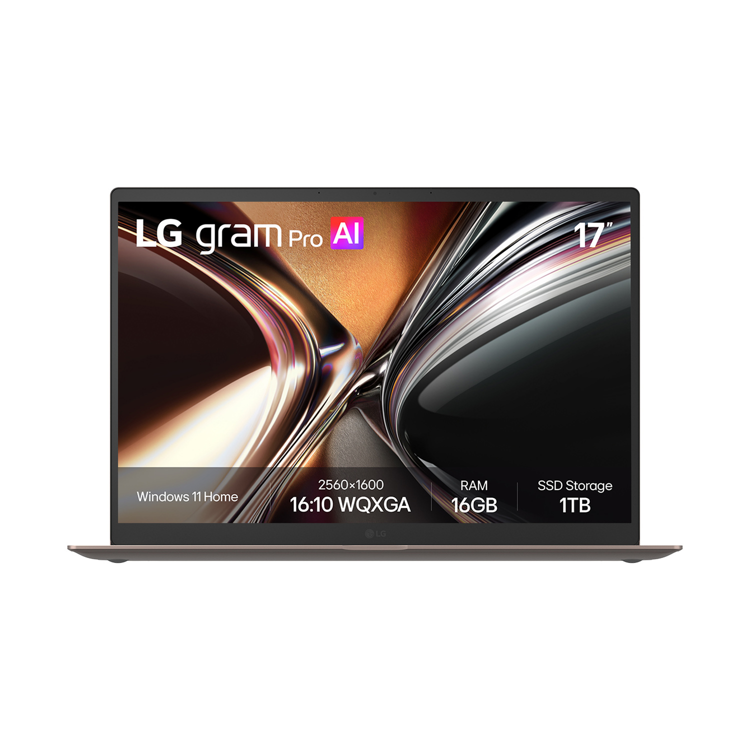 Un laptop LG Gram Pro AI da 17 pollici con Windows 11 Home, risoluzione 2560x1600.