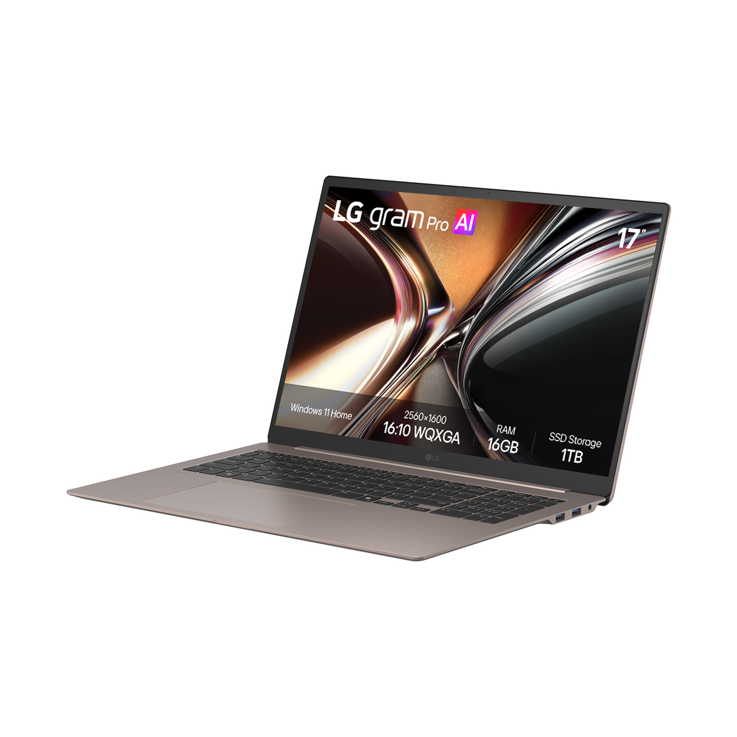 Un laptop LG Gram Pro AI aperto con schermo da 17 pollici e tastiera chiara.