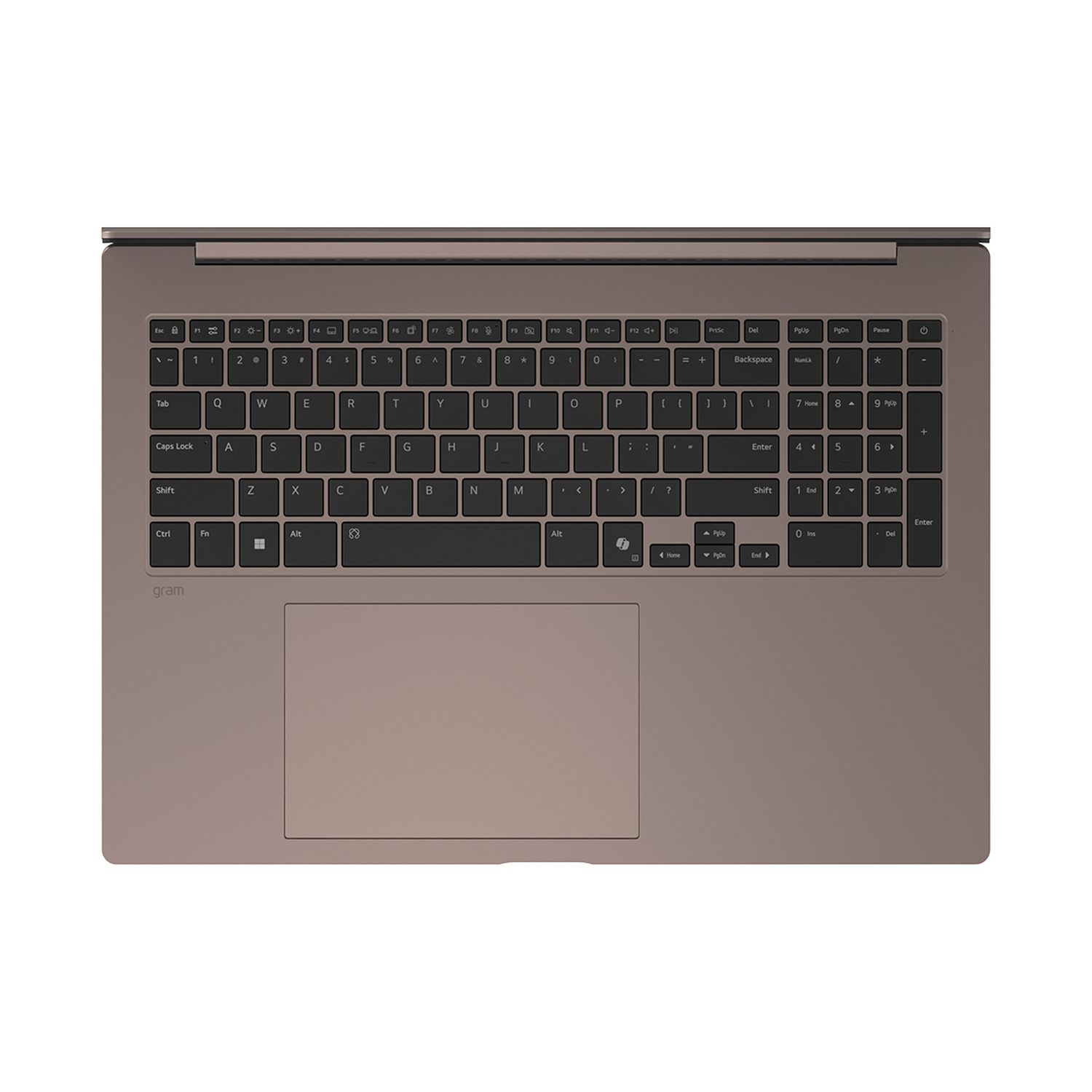 Un laptop grigio con tastiera e touchpad, visto dall'alto.