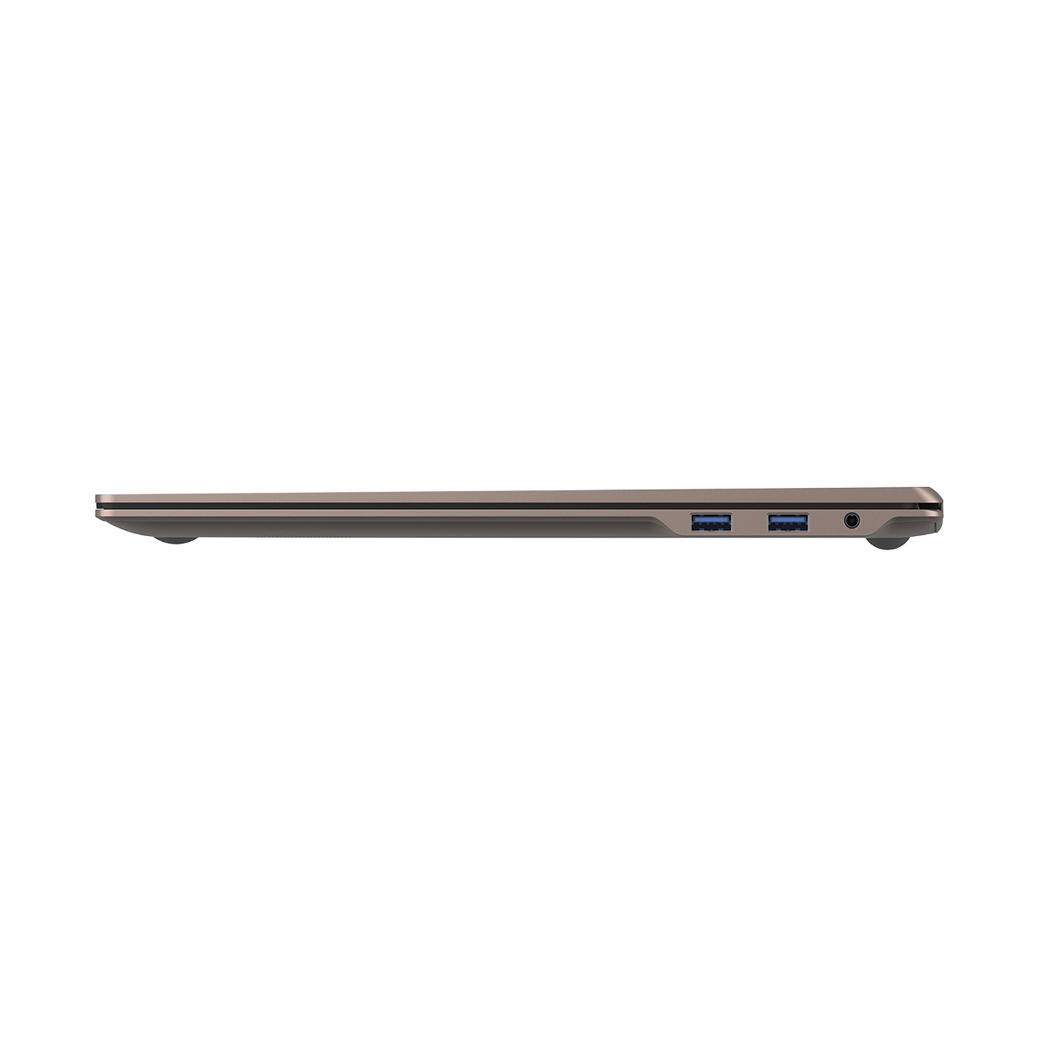 Profilo sottile e grigio di un laptop con due porte USB e un jack per cuffie.