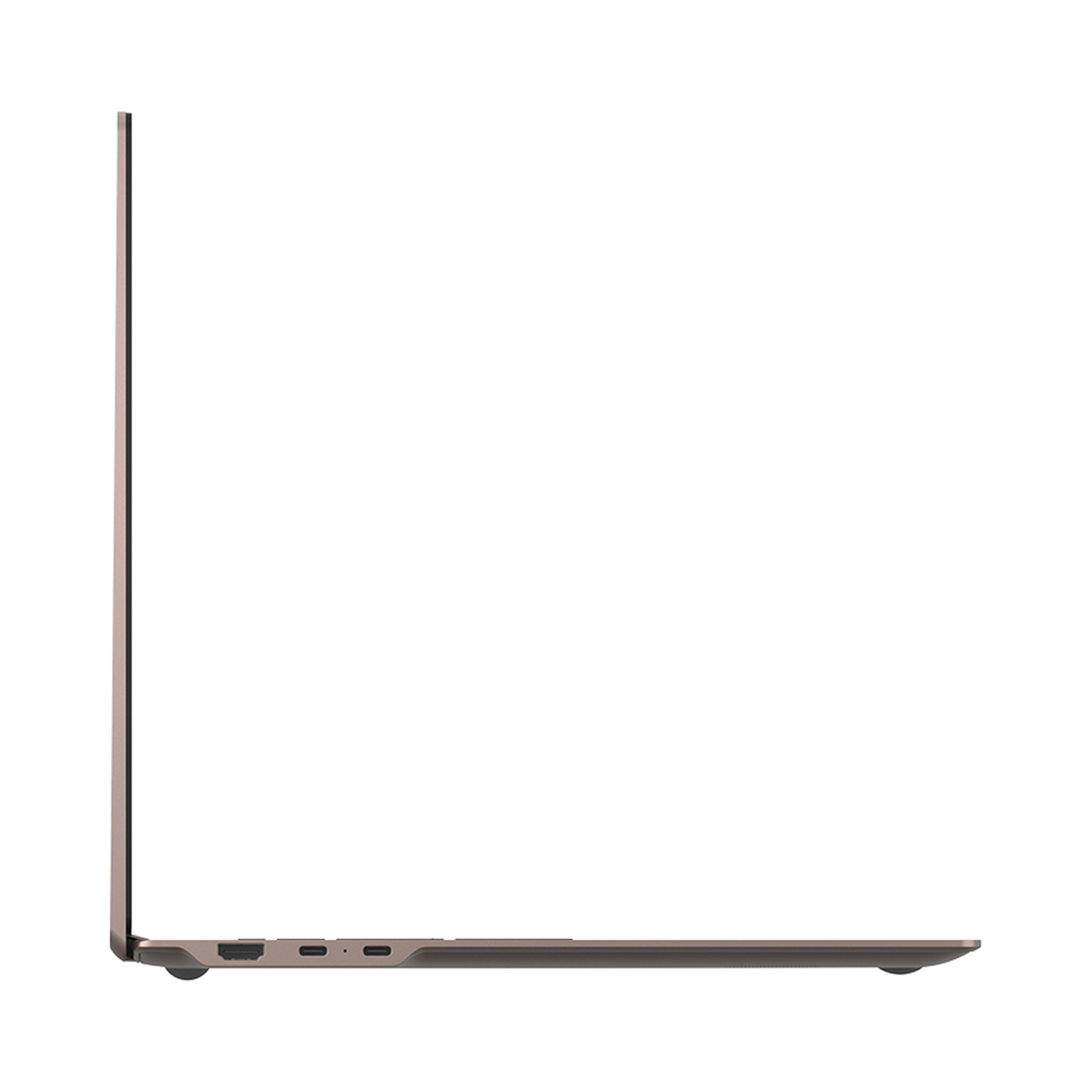 Un laptop chiuso e grigio di profilo, che mostra le porte sul lato.