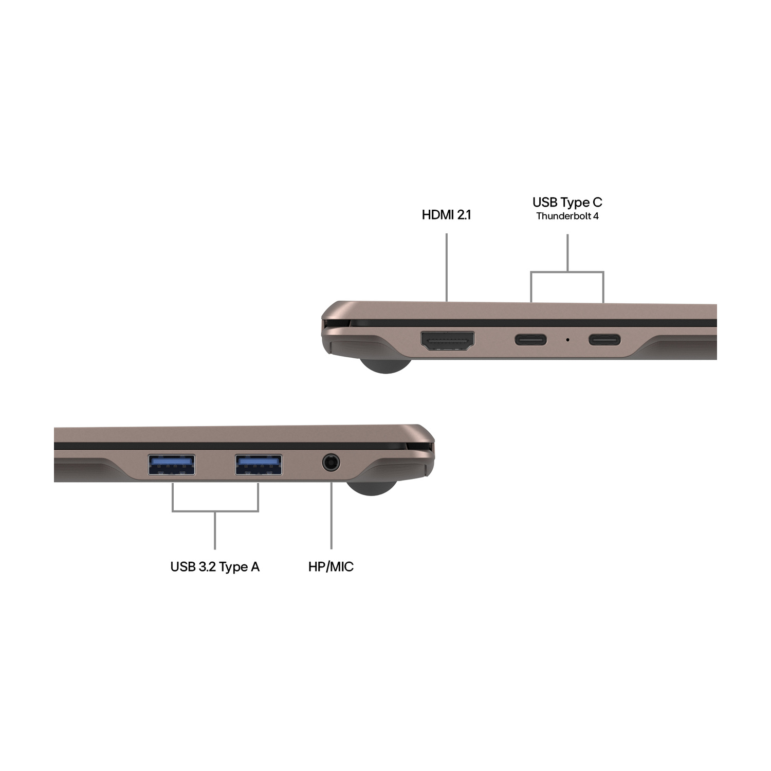 Porte del laptop: HDMI, USB-C Thunderbolt 4, USB-A 3.2, HP/MIC.