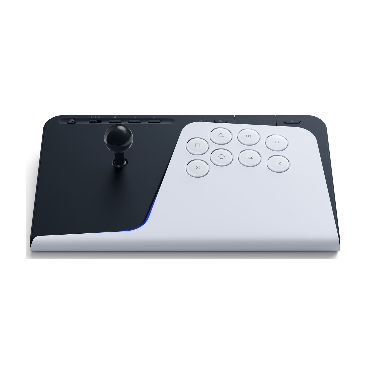 Uno stick arcade bianco e nero con joystick e pulsanti.
