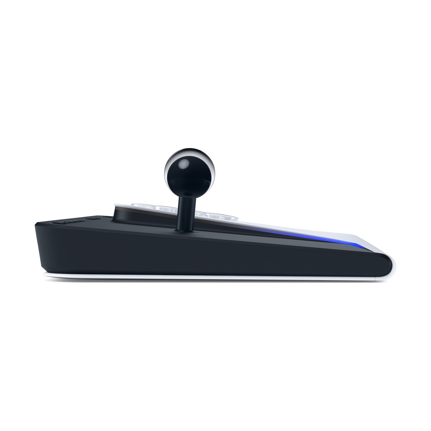 Un controller di gioco bianco e nero con joystick e illuminazione blu su sfondo bianco.