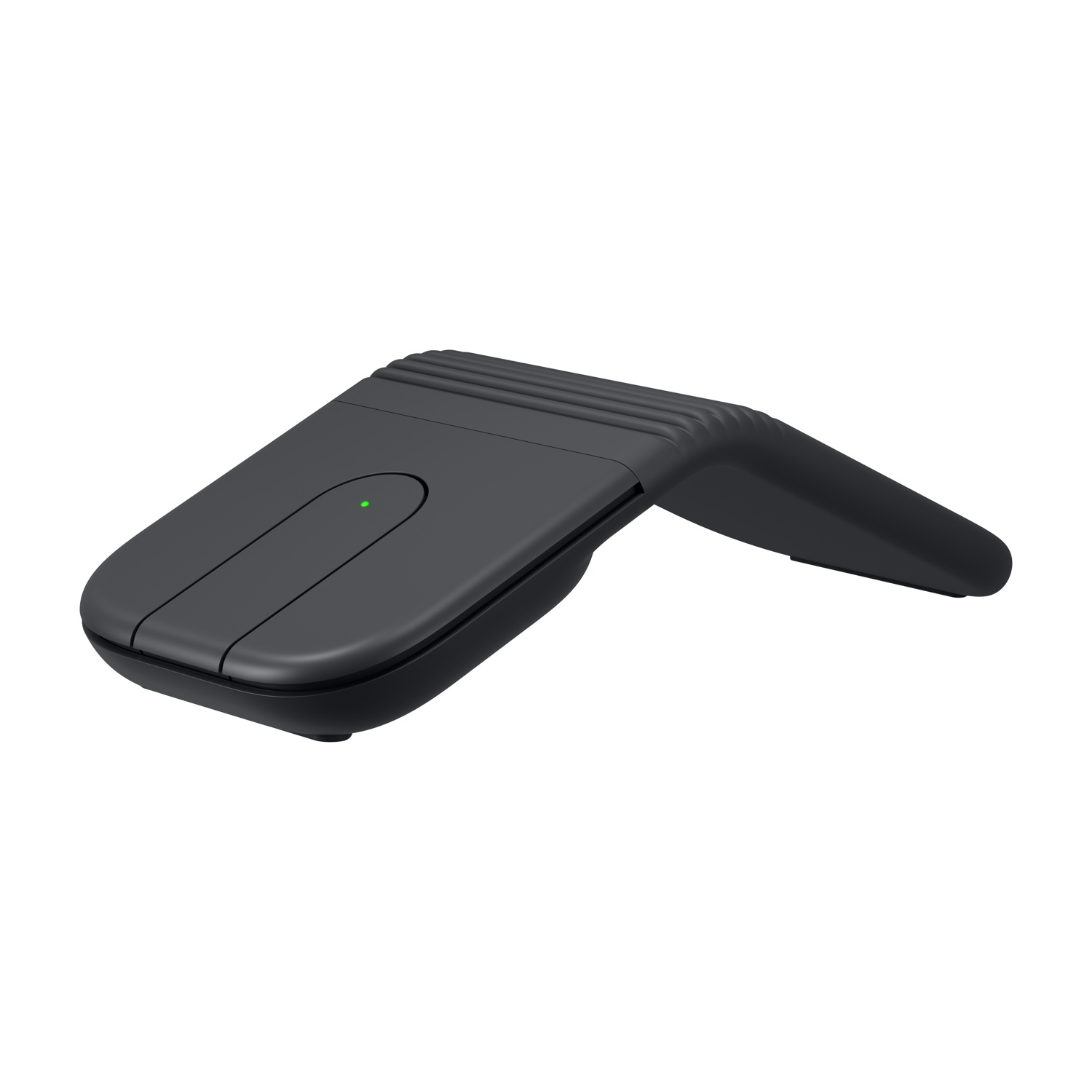 Un oggetto scuro e curvo, simile a un mouse, con una luce verde.