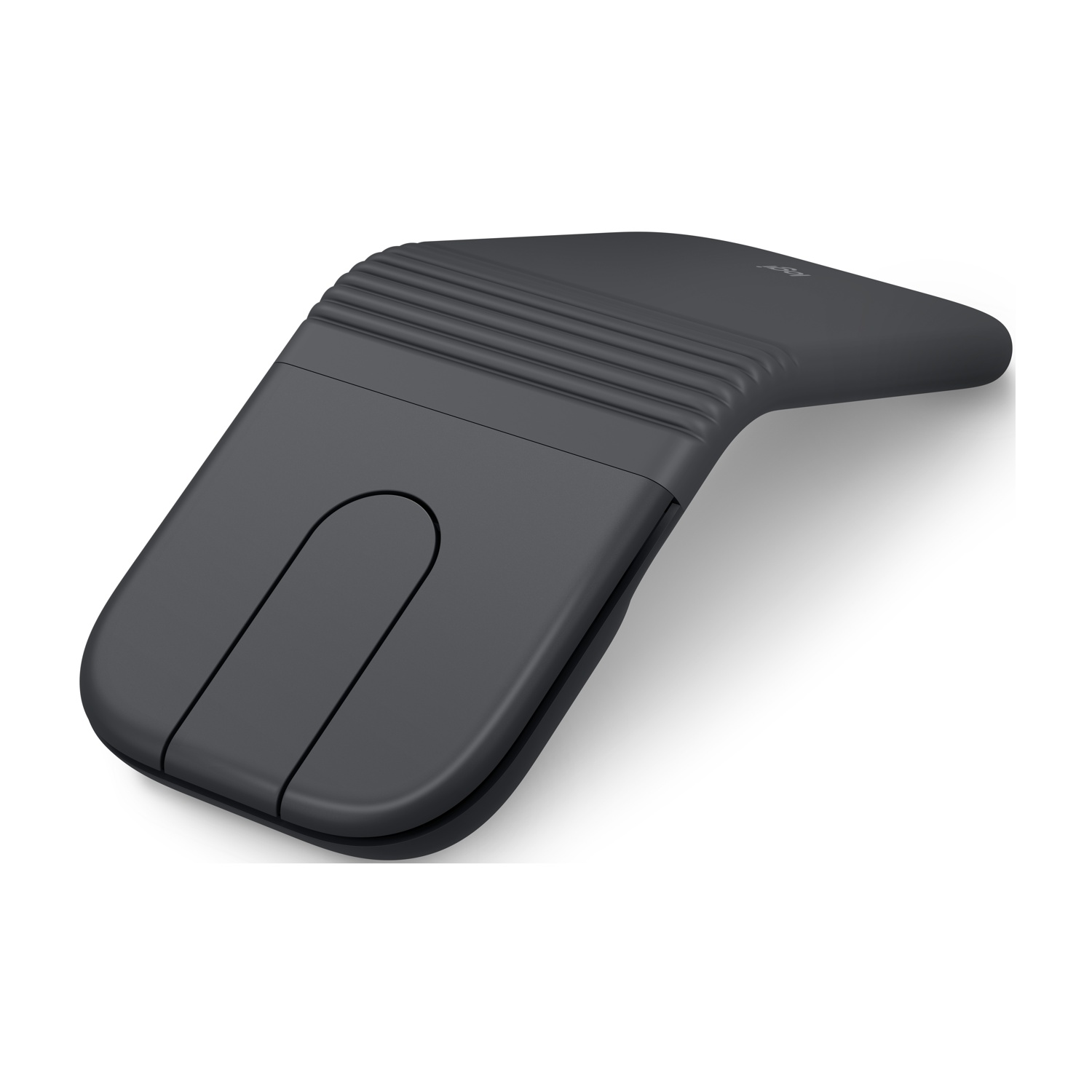 Un mouse ergonomico grigio scuro con parte superiore scanalata e finitura liscia.