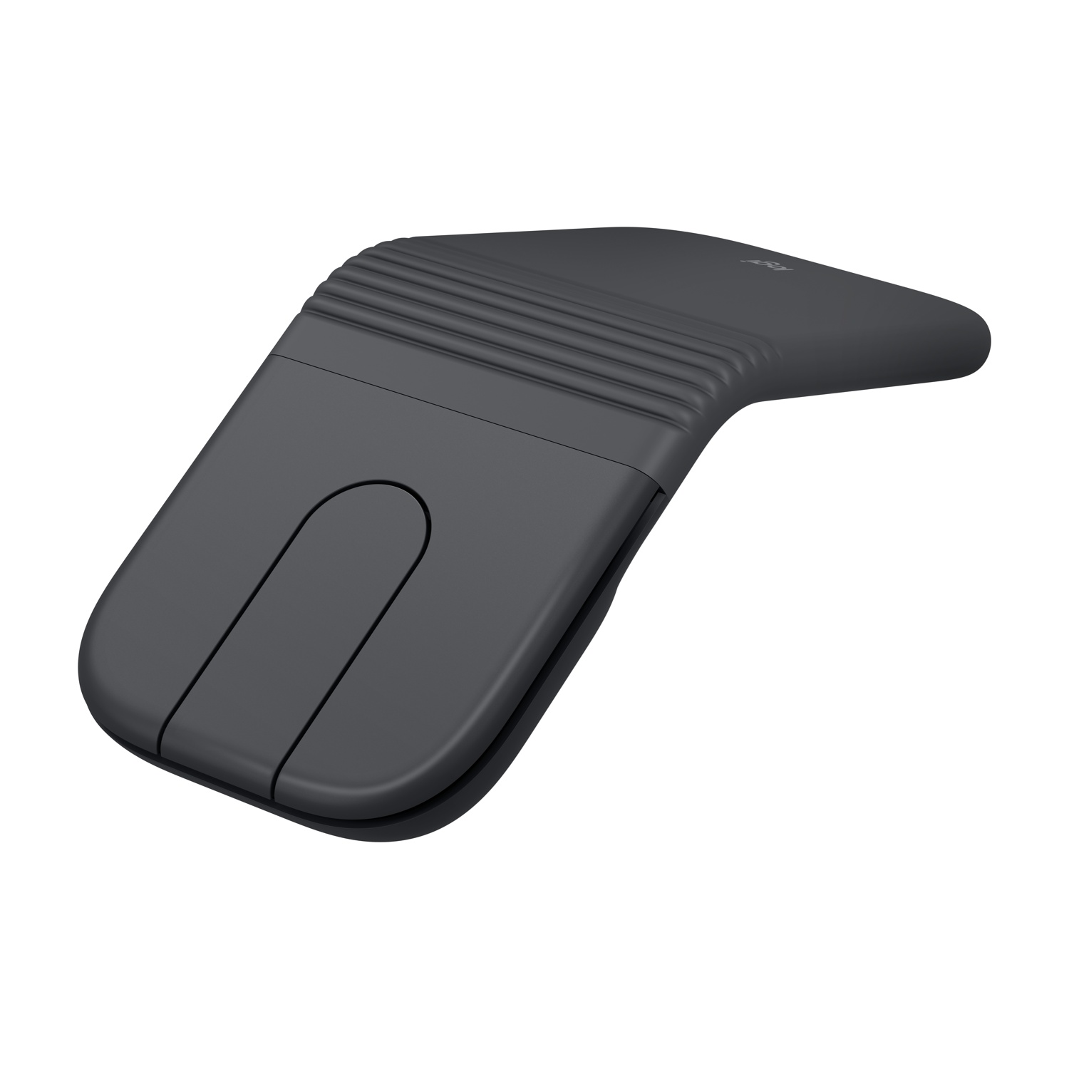 Mouse per computer grigio scuro con superficie scanalata e due pulsanti.
