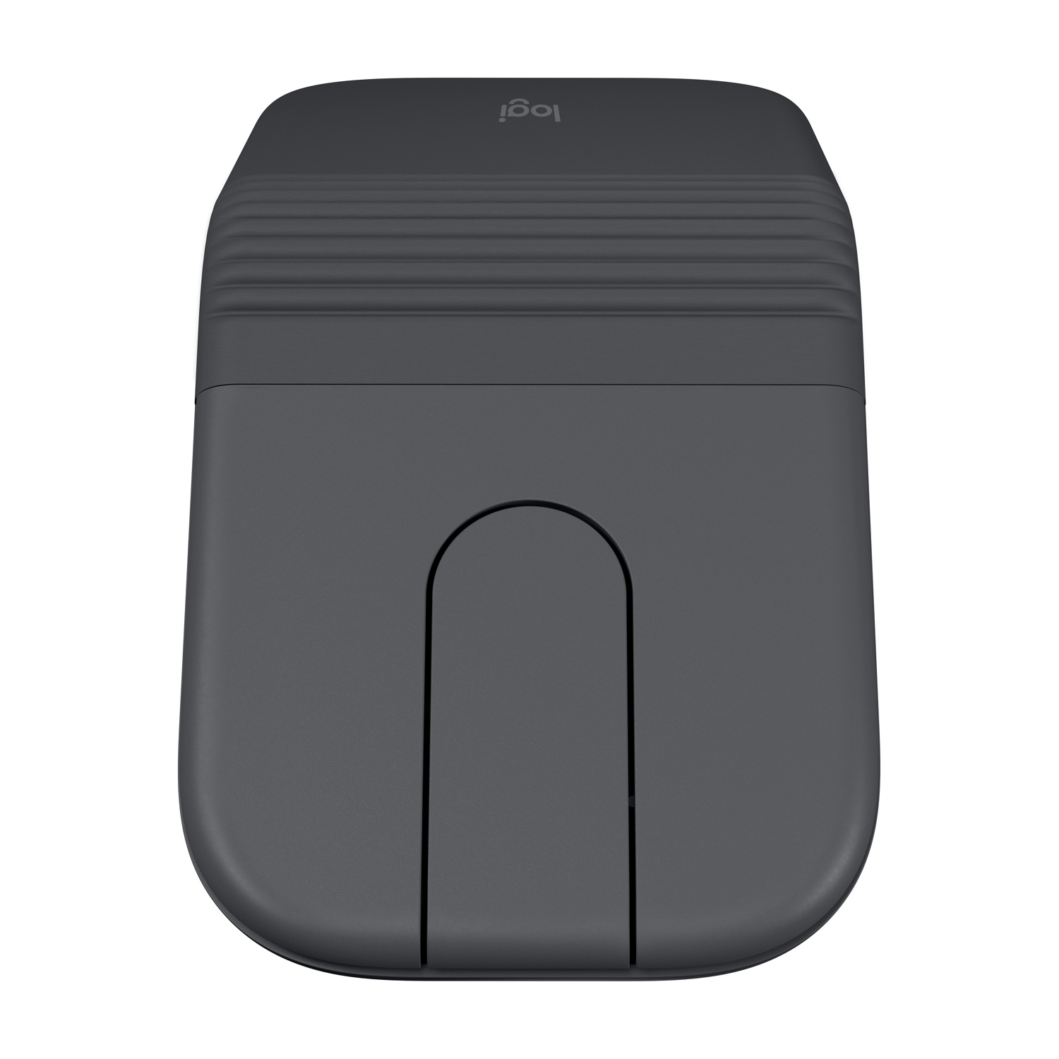 Scocca grigio scuro per mouse Logitech con parte superiore scanalata e taglio a U.