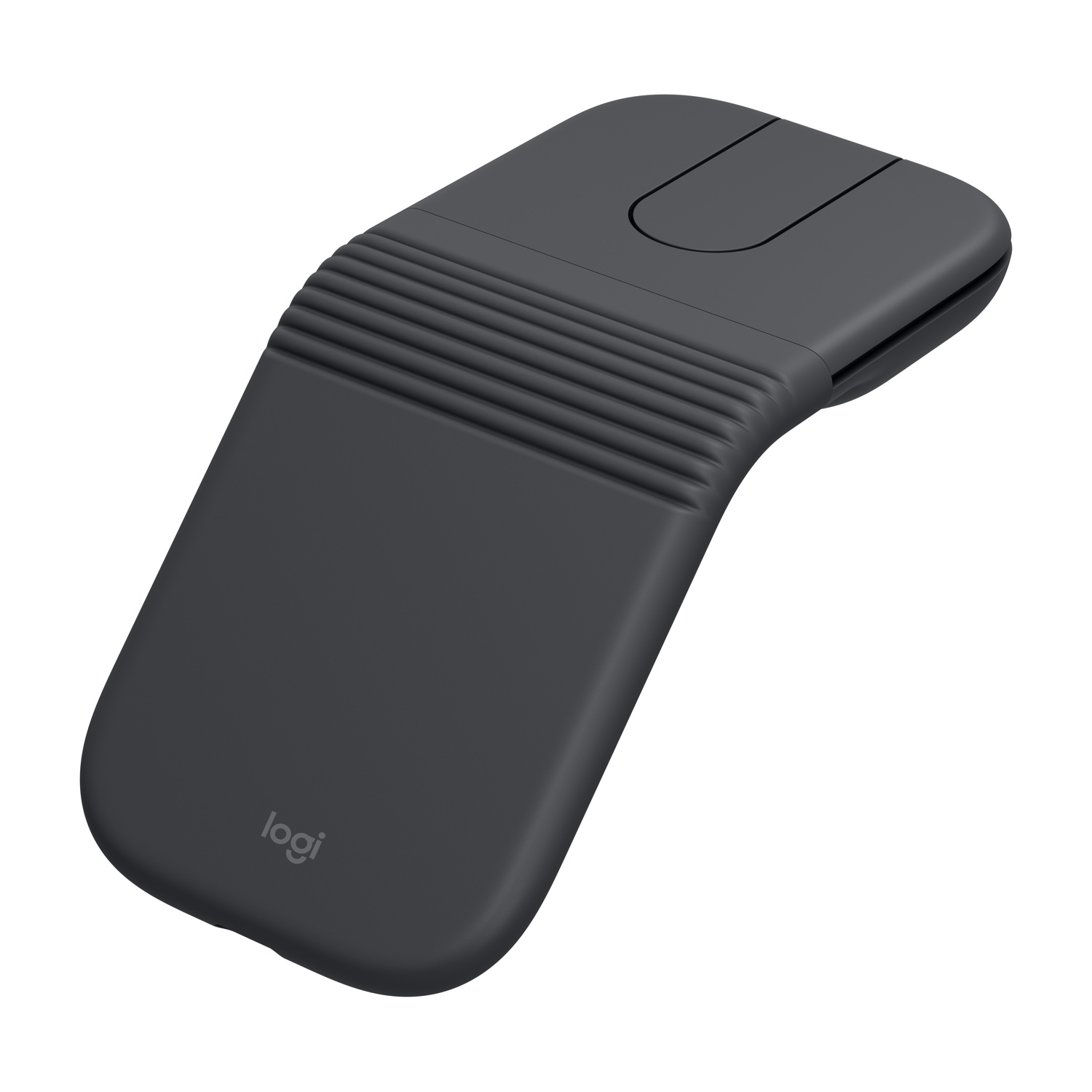 Mouse Logitech grigio scuro con superficie a coste e una fessura.