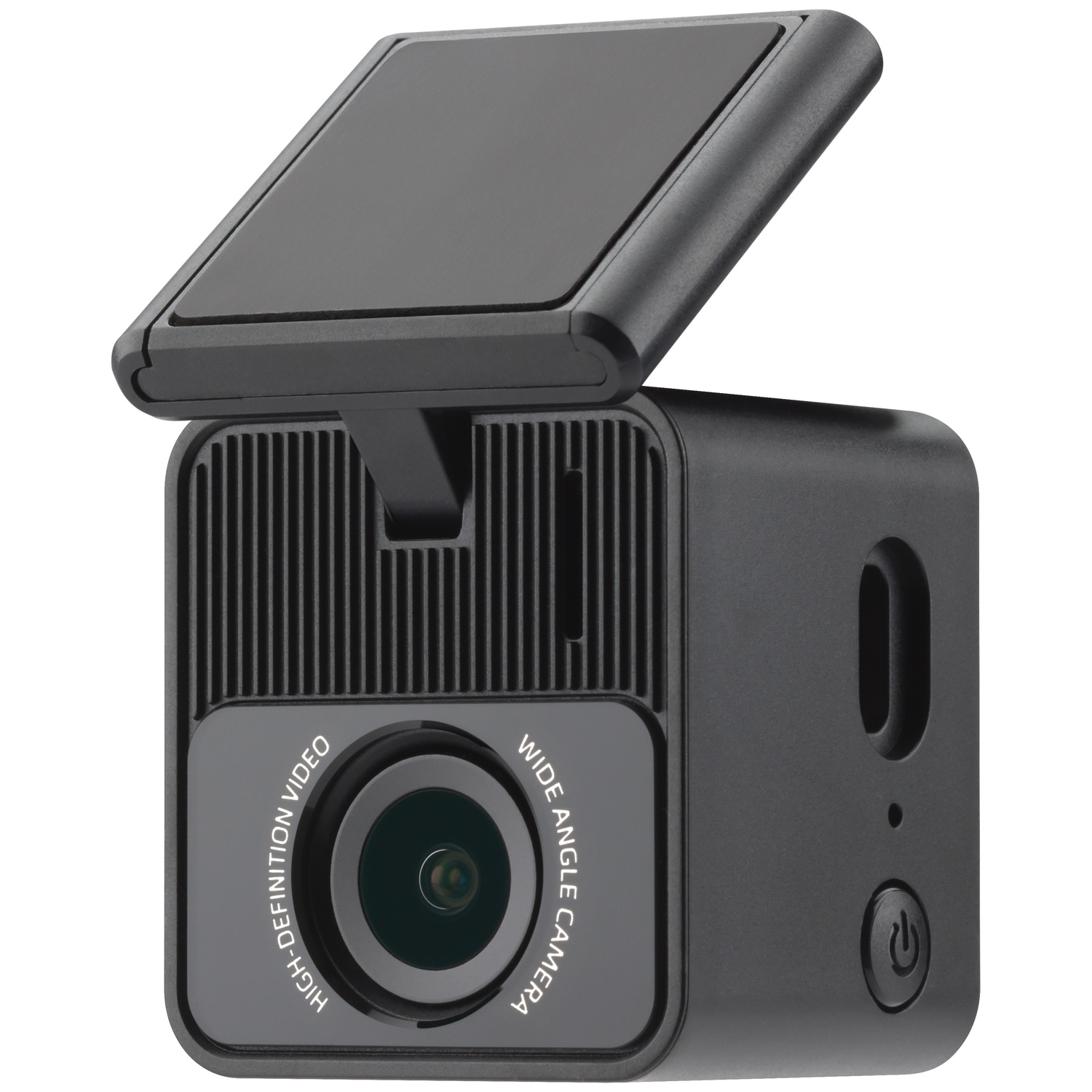 Cube de dashcam noir avec écran rabattable et objectif grand angle.