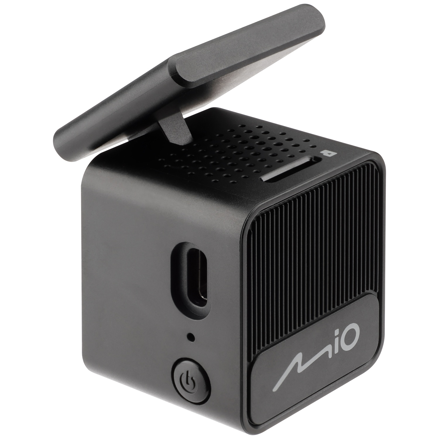 Enregistreur cube noir avec antenne, fentes de ventilation et bouton d'alimentation.