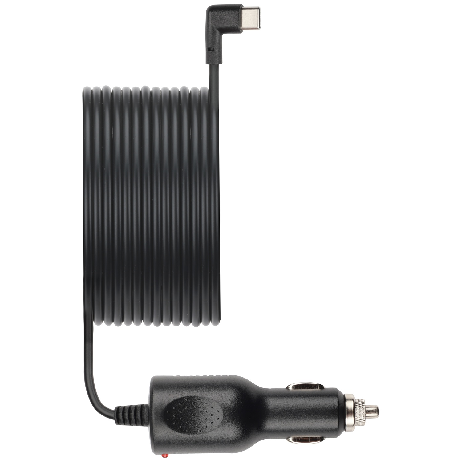 Câble noir enroulé avec connecteur USB-C et prise allume-cigare.