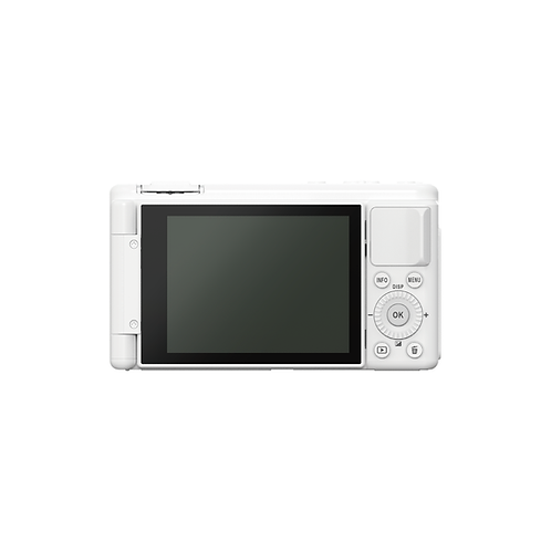 LCD ekranlı ve arka kontrol düğmeli beyaz dijital fotoğraf makinesi.