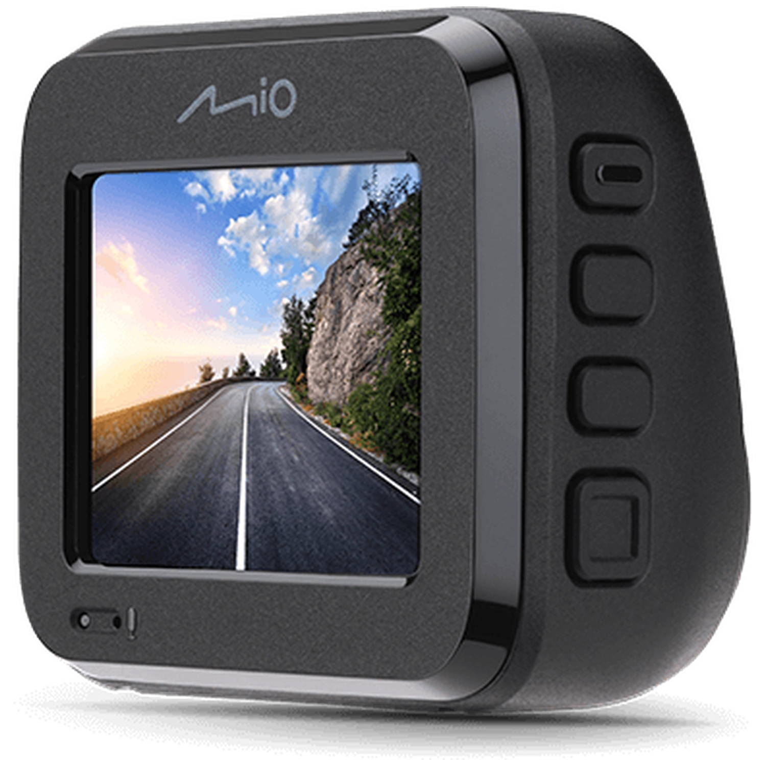 Un appareil de dashcam noir avec un écran affichant une vue de route.