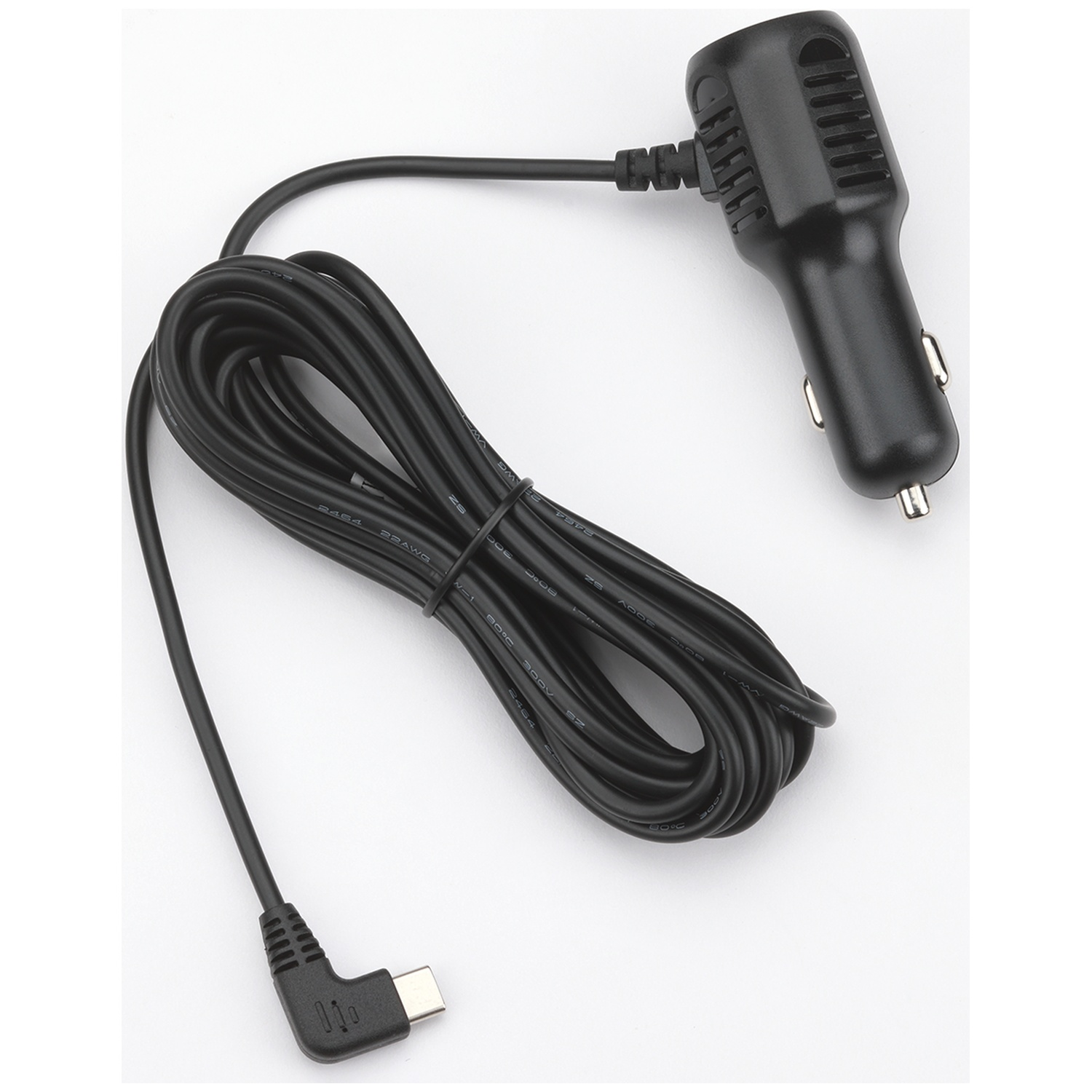 Un chargeur de voiture noir avec un câble USB-C et un connecteur coudé.