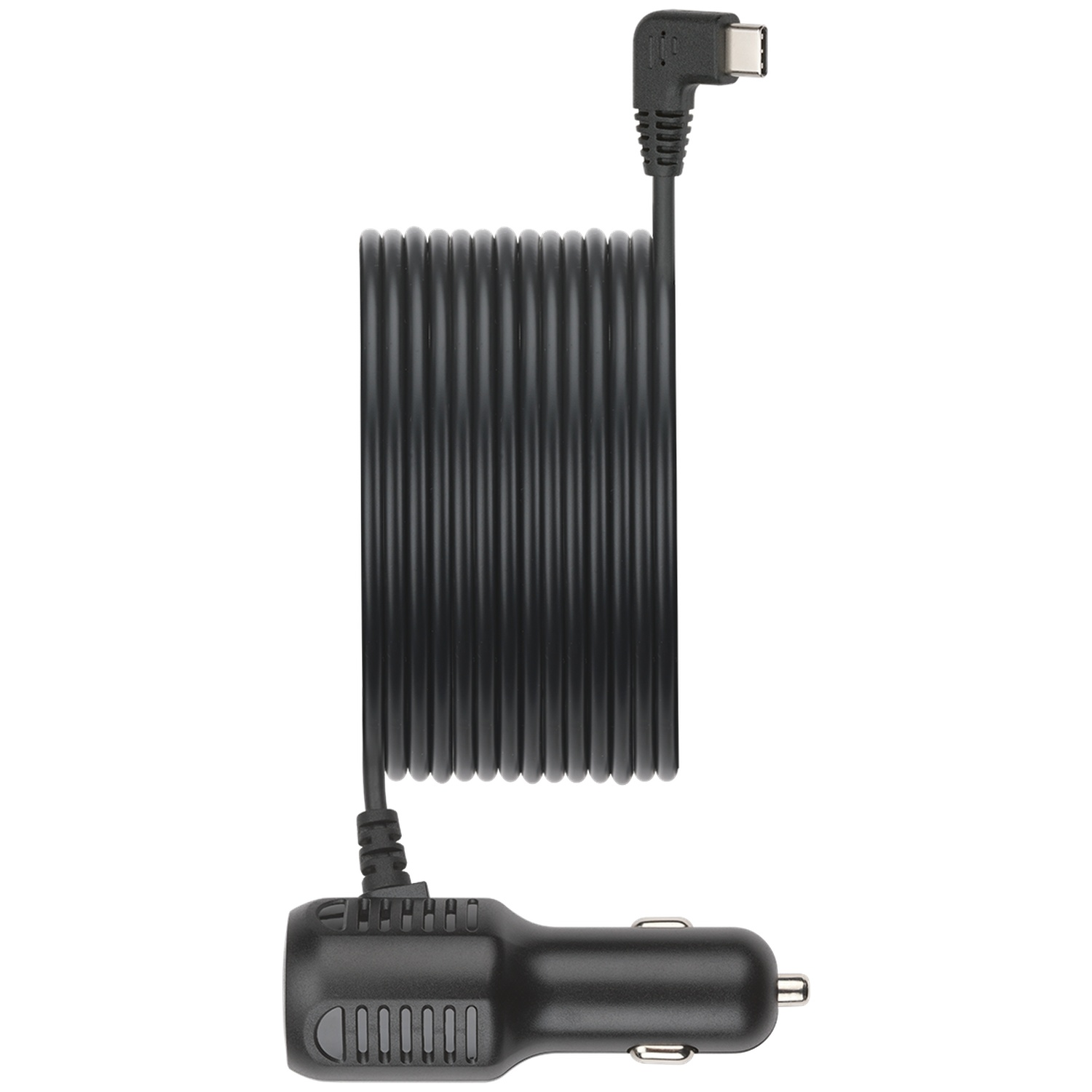 Chargeur de voiture noir avec câble enroulé et connecteur USB-C.
