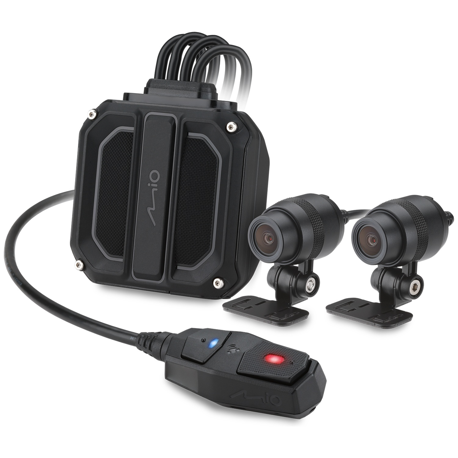 Un système de dashcam noir avec deux caméras et une unité de commande.