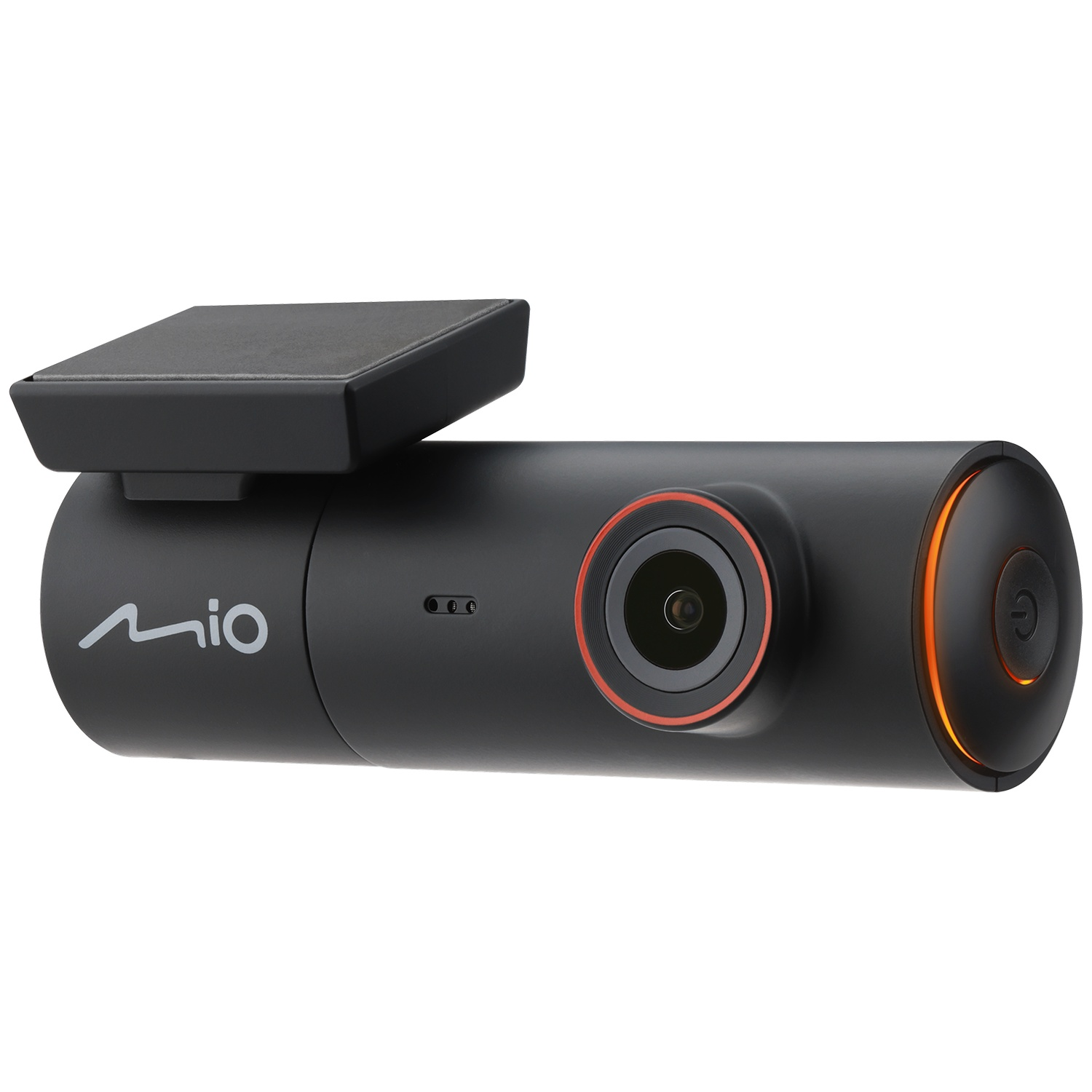Une dashcam noire avec logo MIO, objectif et éclairage orange.